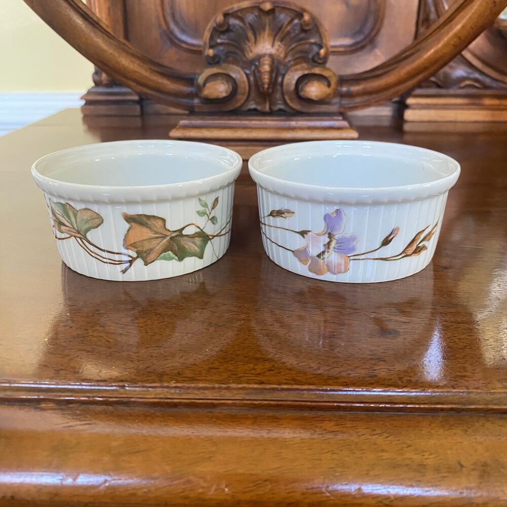 2 Set Vintage Pillivuyt Pleated Porcelain Floral & Leaves Set of 2 Ramekins